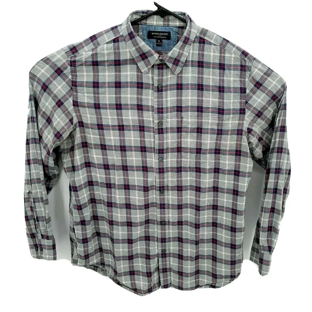 Banana Republic Shirt Mens XL Gray Plaid Soft Wash Standard Fit Long Sleeve